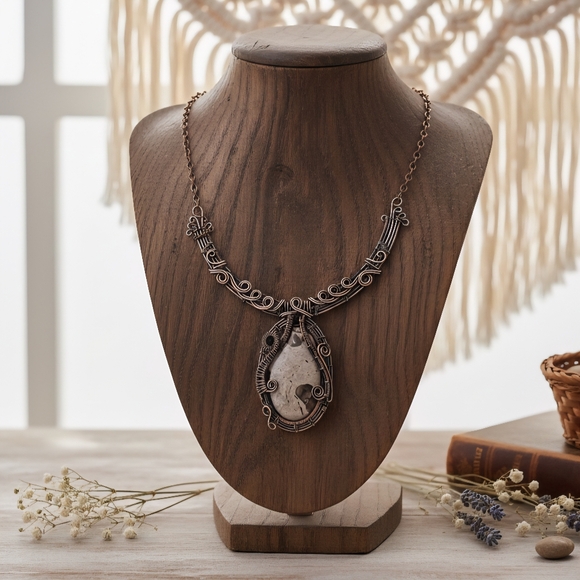 Boho Chic Copper Wire Wrapped Coffee Bean Jasper Gemstone Artisanal Necklace - Picture 6 of 13